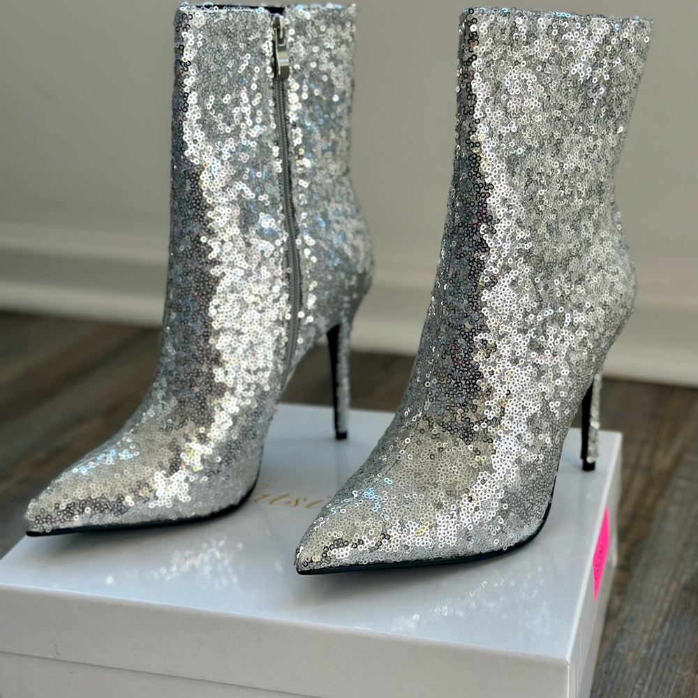 Women’s Sequins Stiletto Pointed Ankle Boots New in Box US 8 - Picture 5 of 14